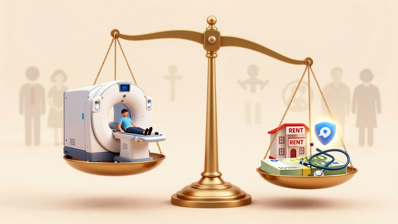 A symbolic scale balancing a patient against medical equipment and costs, with NHS symbols fading away.