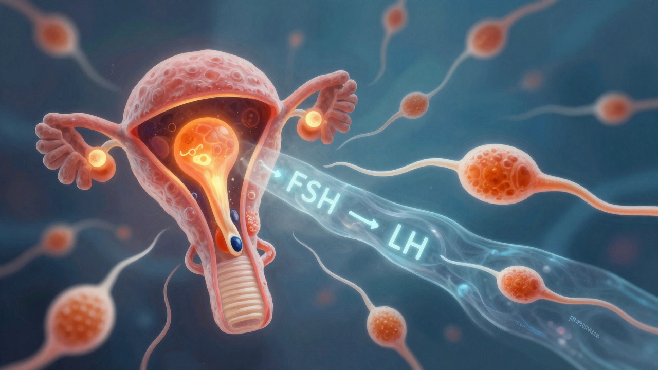 Abstract ovary with glowing follicles and sperm cell moving through hormonal pathways