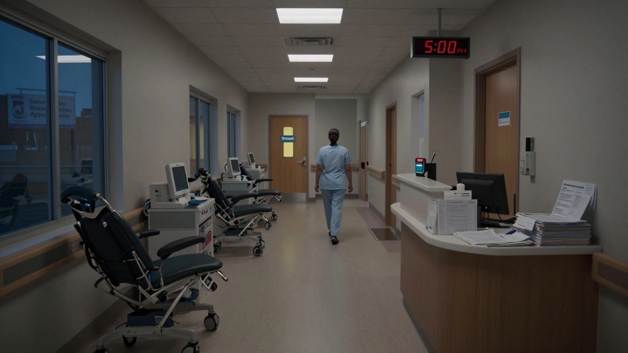 An empty private hospital hallway at dusk with unused exam rooms and a &#039;Booked&#039; sign glowing on one door.