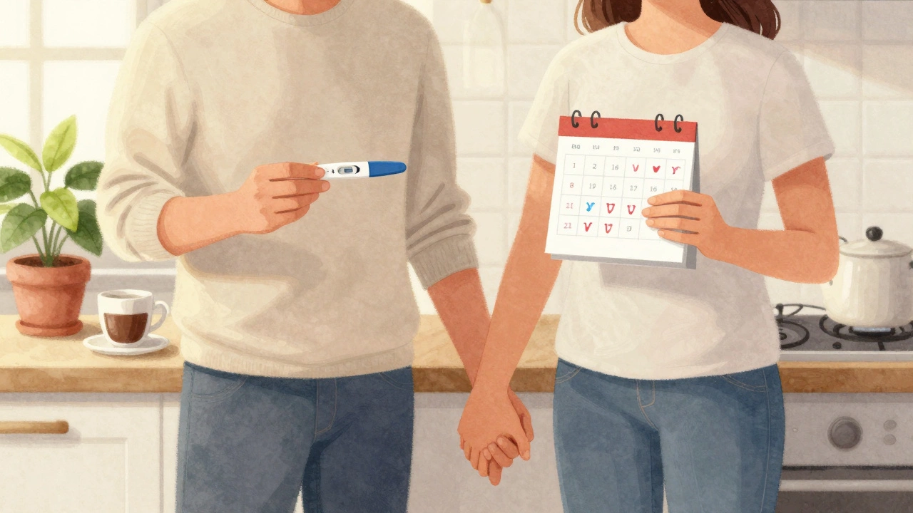 Couple holding hands in kitchen with home fertility test and ovulation calendar