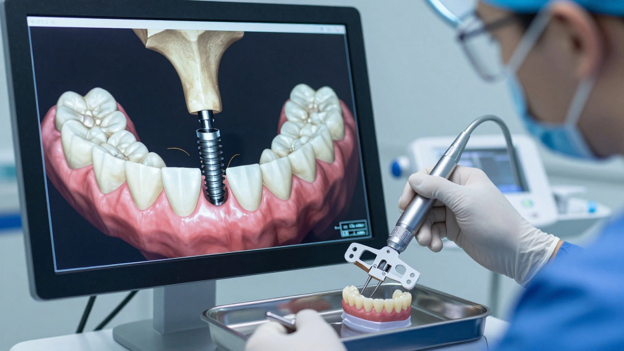 Dentist placing dental implant using 3D surgical guide in modern clinic.