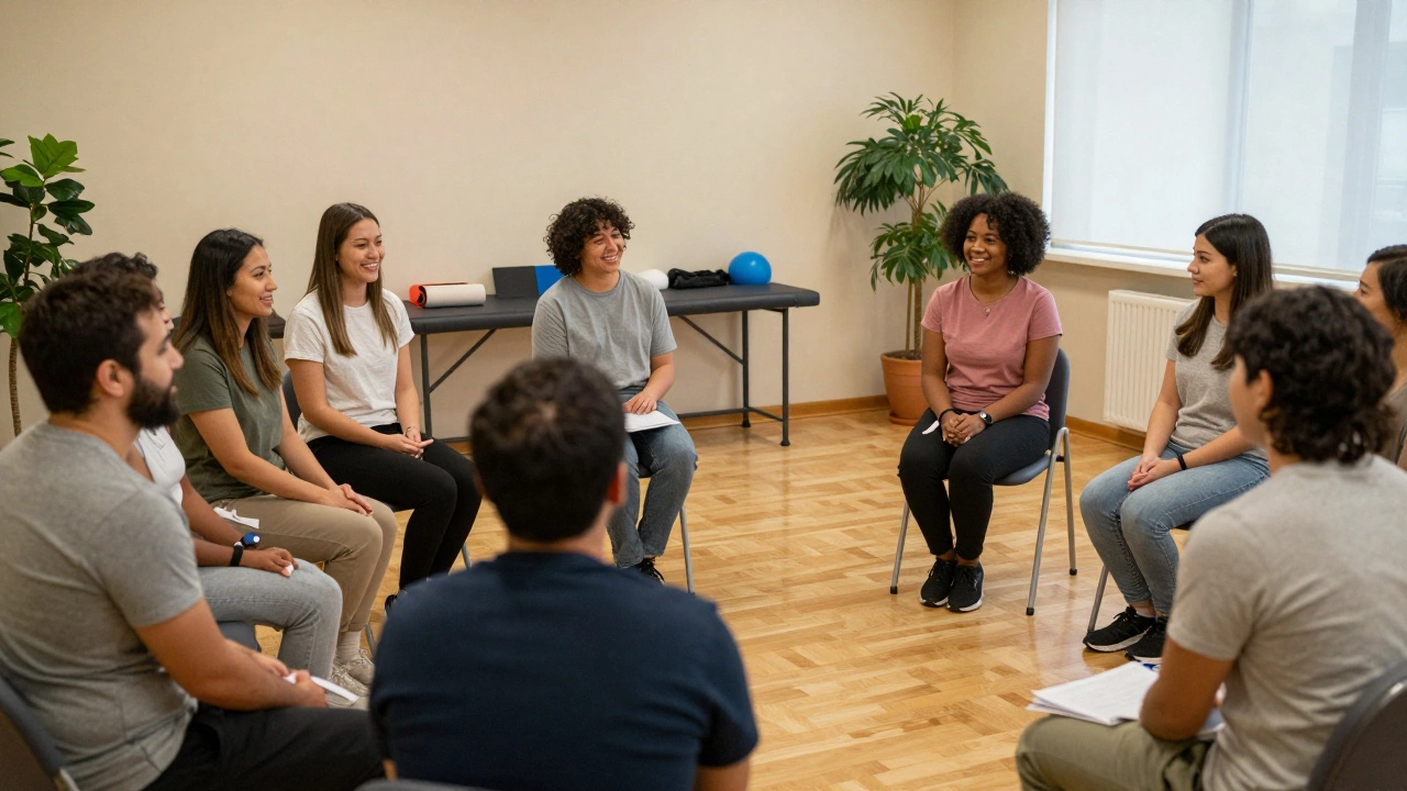 Diverse group participating in physical therapy, CBT, and pain tracking together.
