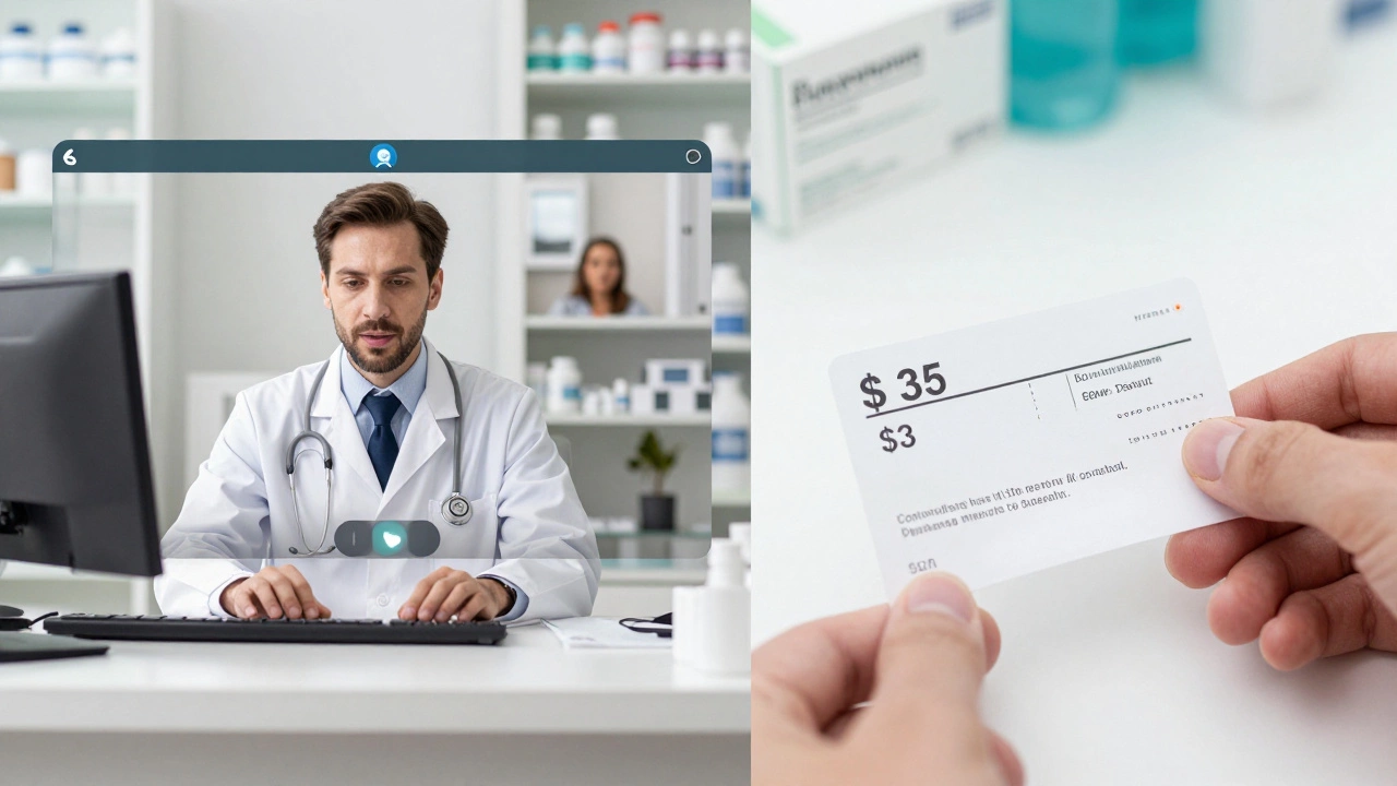 Doctor conducting a video consultation while a pharmacy prints a prescription.