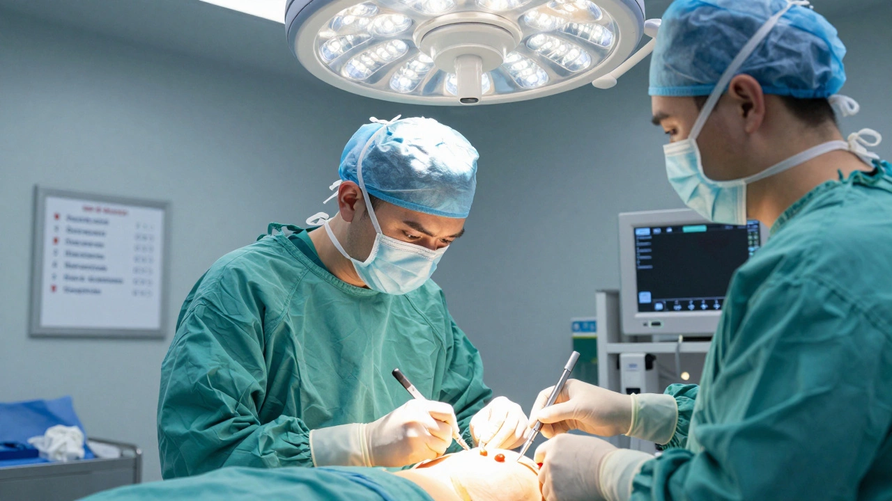 German plastic surgeon performing breast augmentation with a second surgeon observing in a sterile operating room.