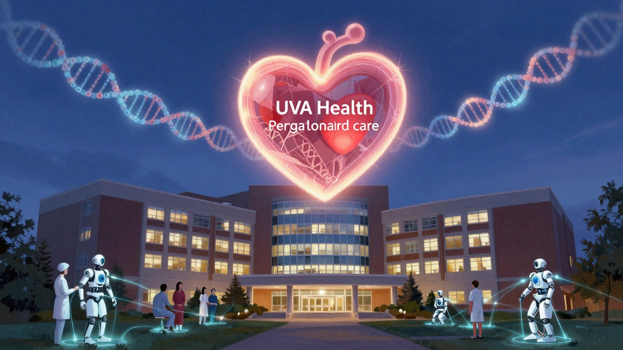 Glowing heart above a hospital with floating genetic strands and robots, symbolic of personalized care.