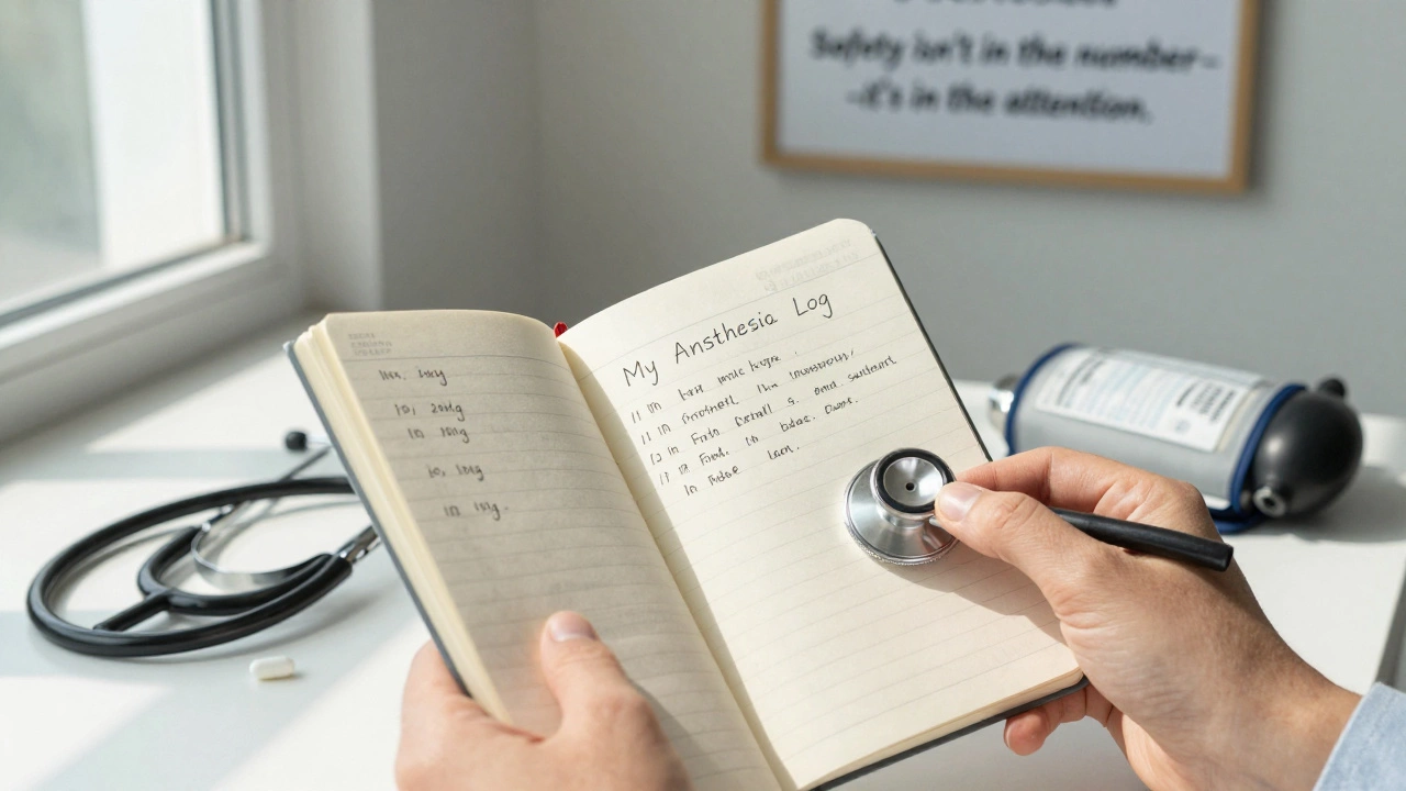 Hand holding handwritten anesthesia log with medical tools beside it in soft morning light