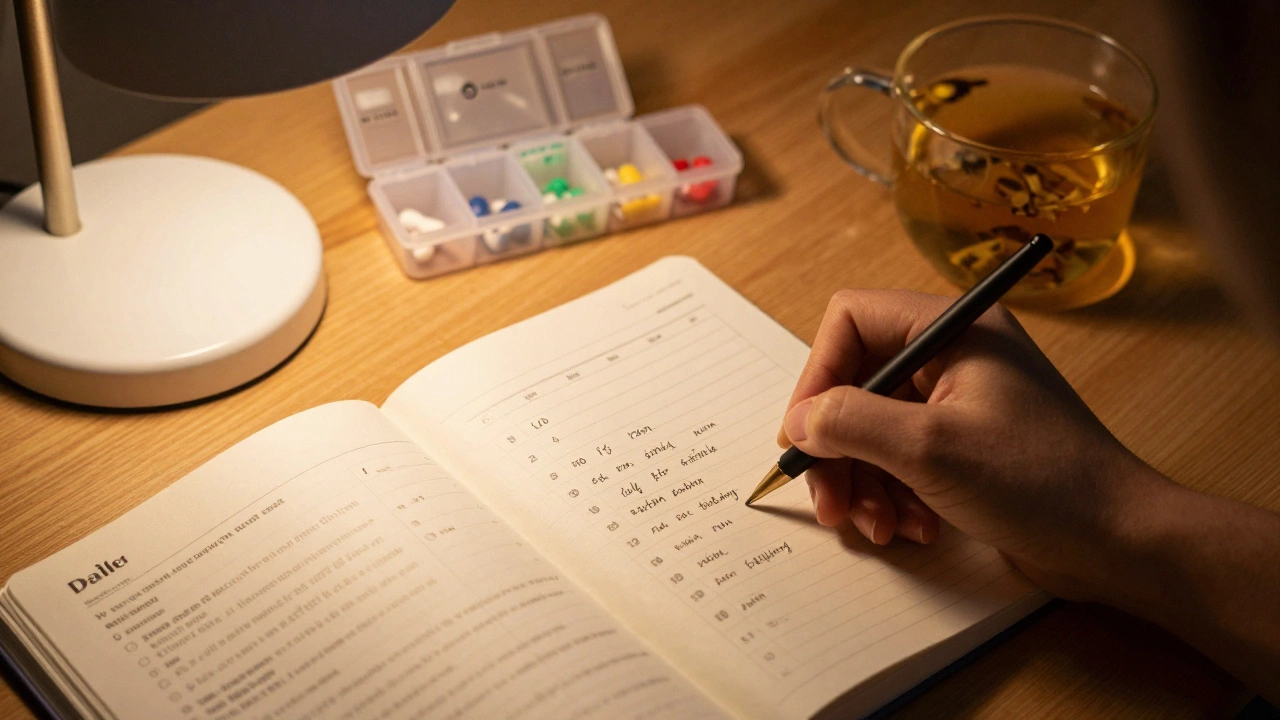 Hand writing in a pain journal at night with medication list and tea nearby.