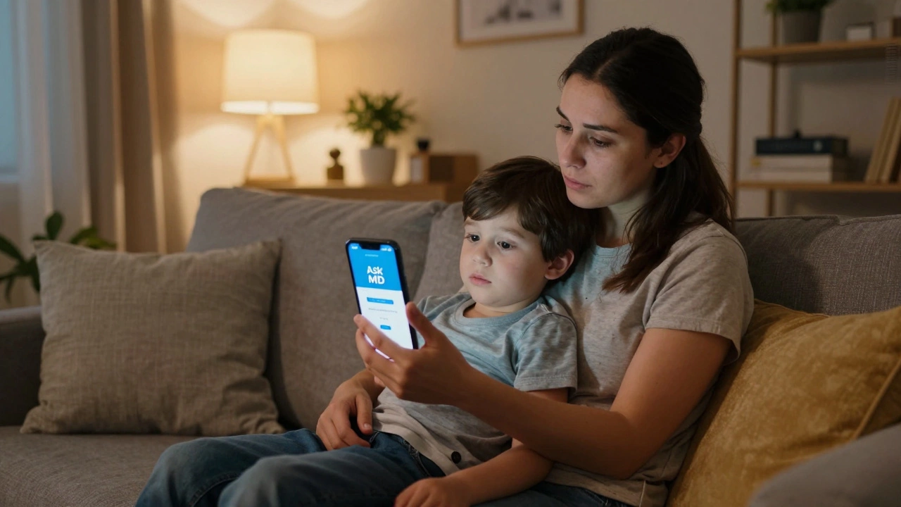 Mother and child smiling after receiving a prescription via Ask MD on a Sunday evening.