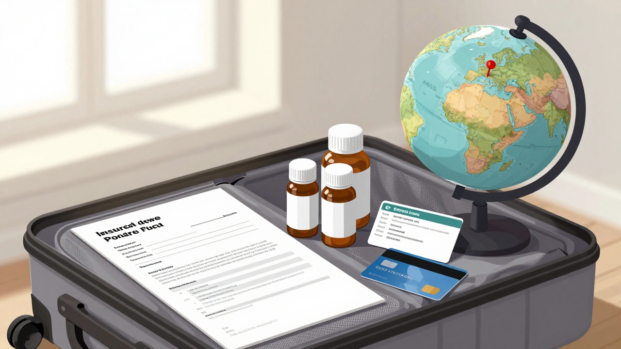 Packed suitcase with travel insurance documents, medications, and credit card beside a globe marked UK.