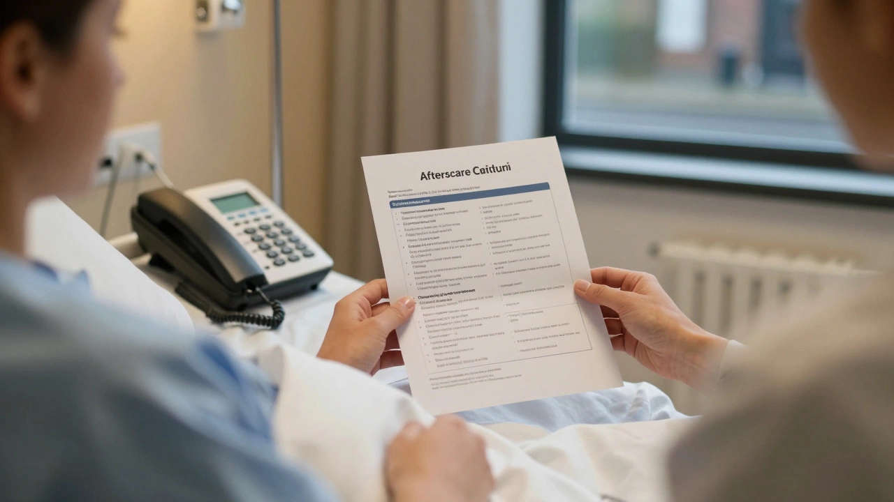 Patient recovering in a UK clinic with emergency contact information and aftercare plan nearby.