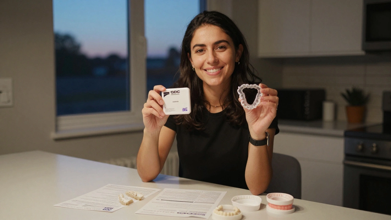 Person using home aligner kit with GDC-registered packaging visible