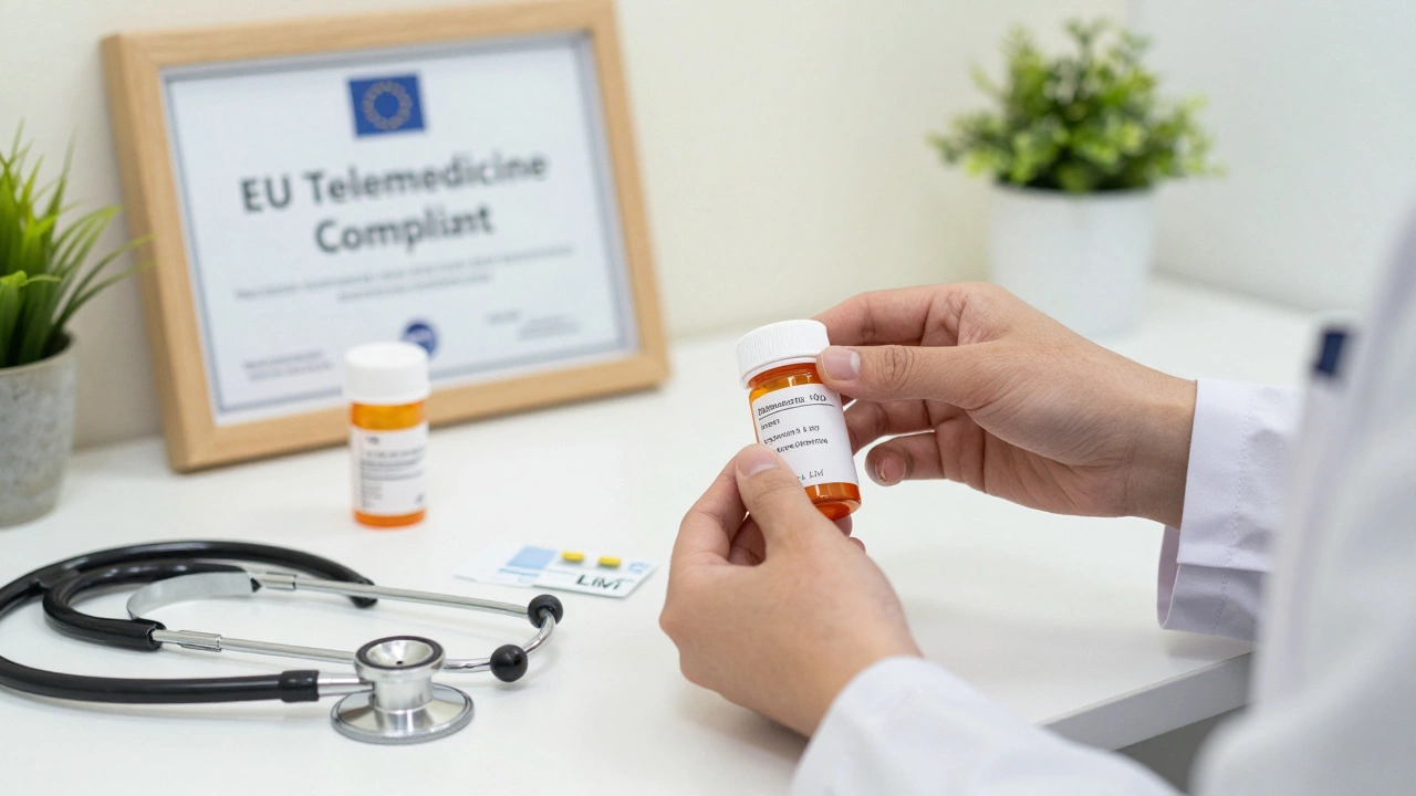 Pharmacist preparing medication with a verified digital prescription on a tablet.