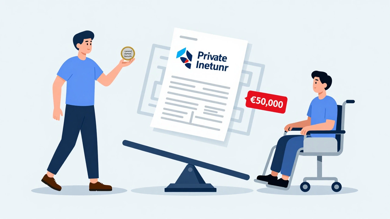 Scale balancing a healthy person with unused benefits against a sick person with high medical costs.