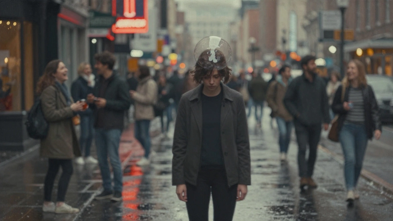 Someone isolated in a crowded city street, emotionally disconnected from everyone around them.