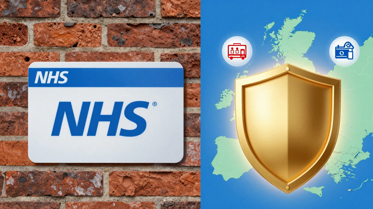 Split image: fading US insurance card vs glowing travel policy over UK map with emergency symbols.