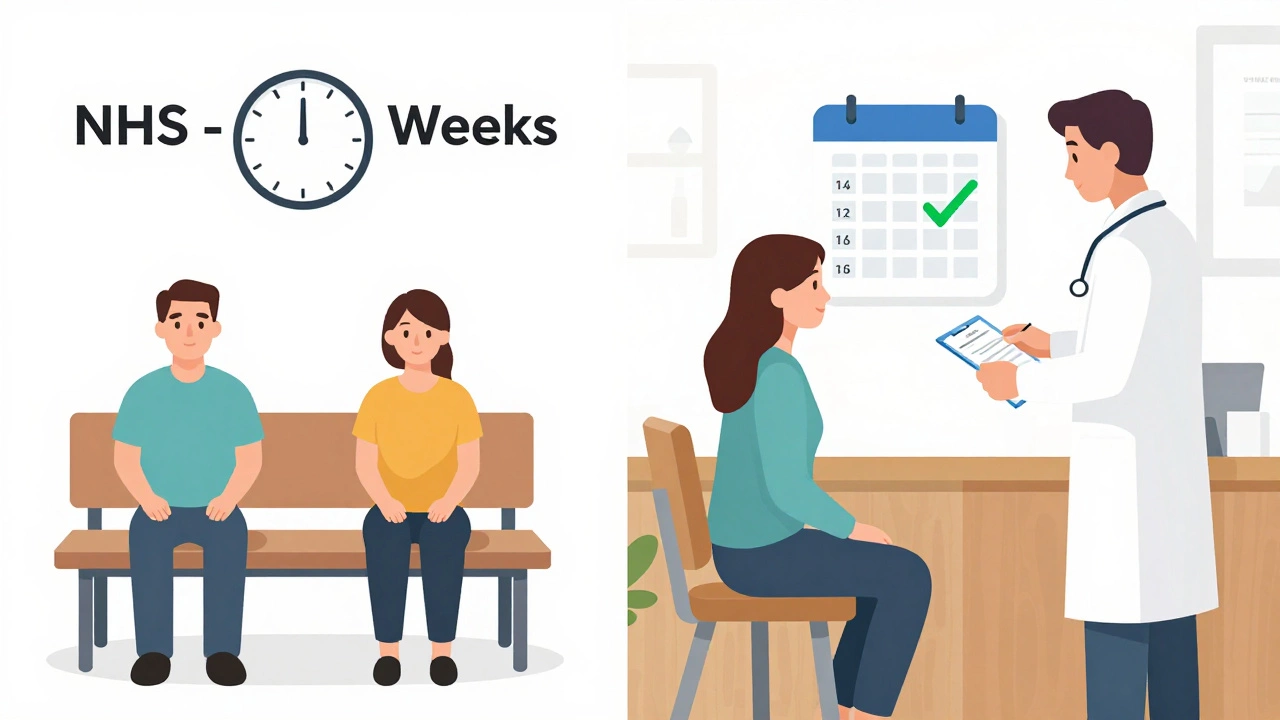 Split image: left shows long NHS wait, right shows quick private consultation with a marked calendar.