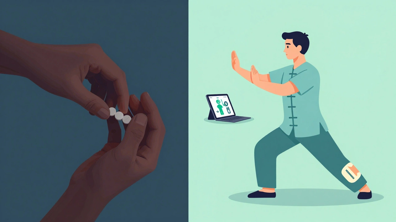 Split image: person taking pills vs. practicing tai chi and using CBT app.