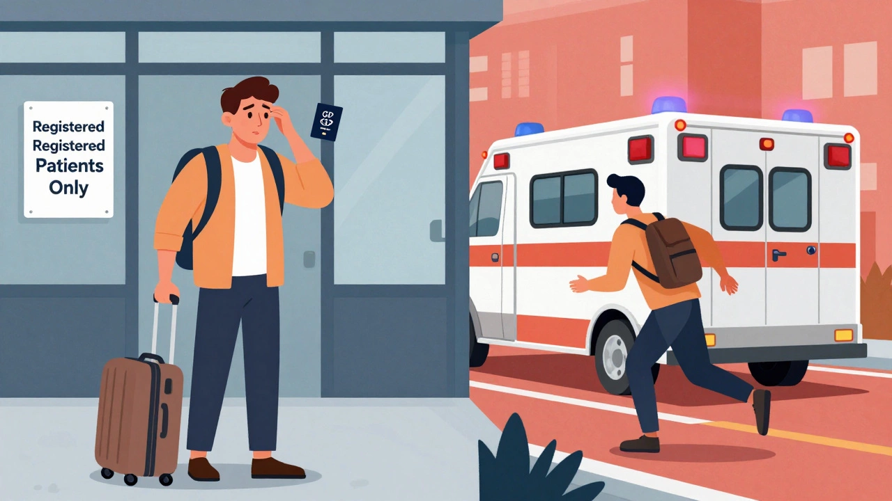 Split scene showing a tourist turned away from a GP clinic and rushing toward an ambulance for emergency care.