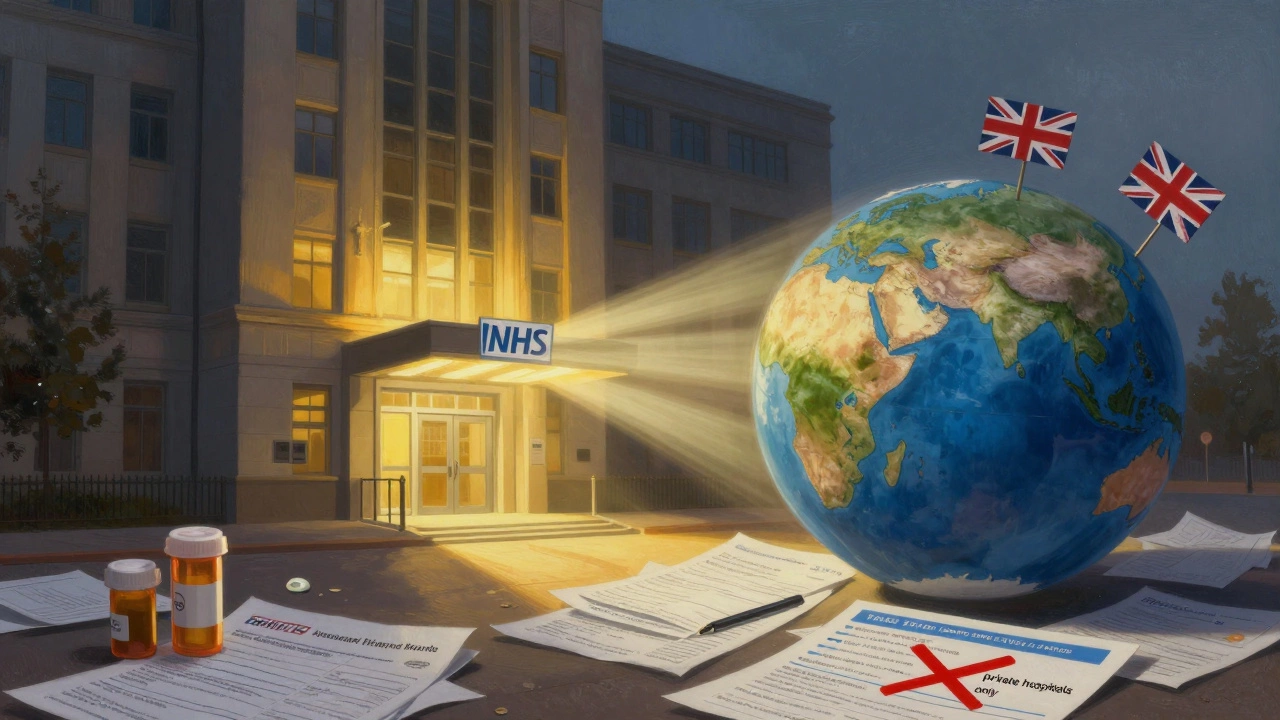 Symbolic image of NHS emergency care illuminated against global travel and medical bills.