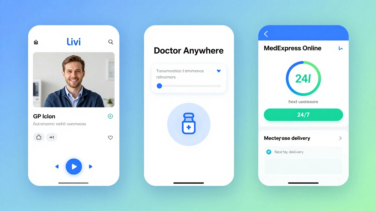 Three telemedicine app interfaces showing Livi, Doctor Anywhere, and MedExpress Online.