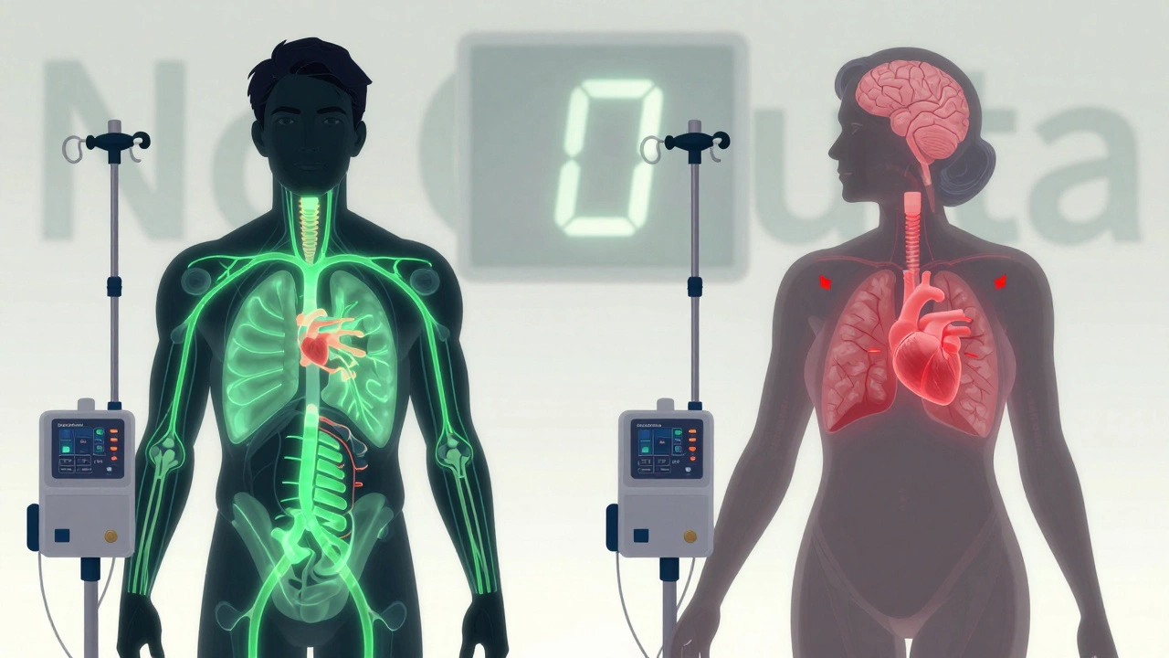 Two contrasting human silhouettes with health indicators beside identical anesthesia machines