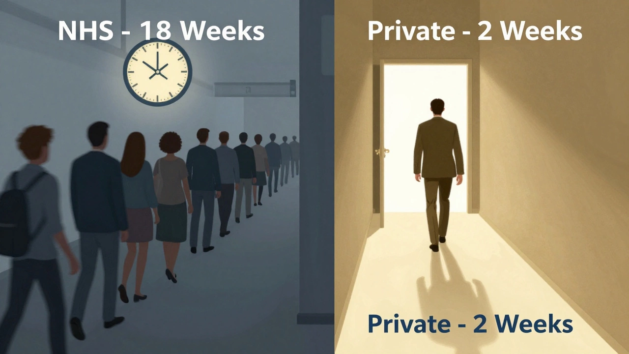Two paths side by side: one slow and crowded, the other fast and bright, representing NHS and private healthcare.