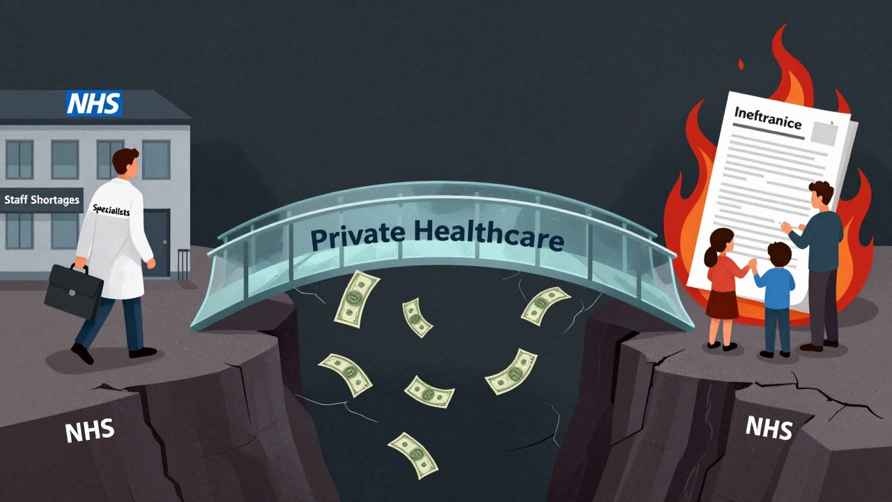 A crumbling glass bridge over a chasm labeled NHS, with money falling through and specialists leaving an NHS building.