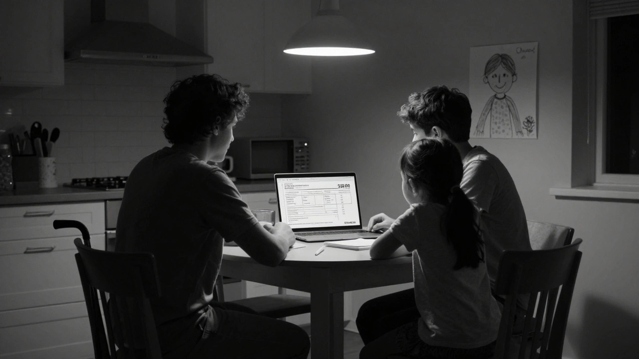 A family gathered at a kitchen table, staring in silence at a massive medical bill on a laptop screen.