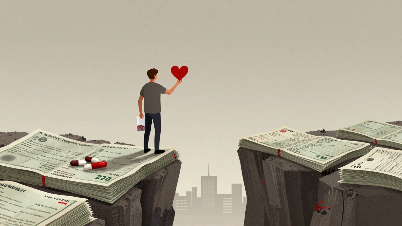 A person at the edge of a cliff made of medical bills, holding a heart transplant icon and lifelong medication.