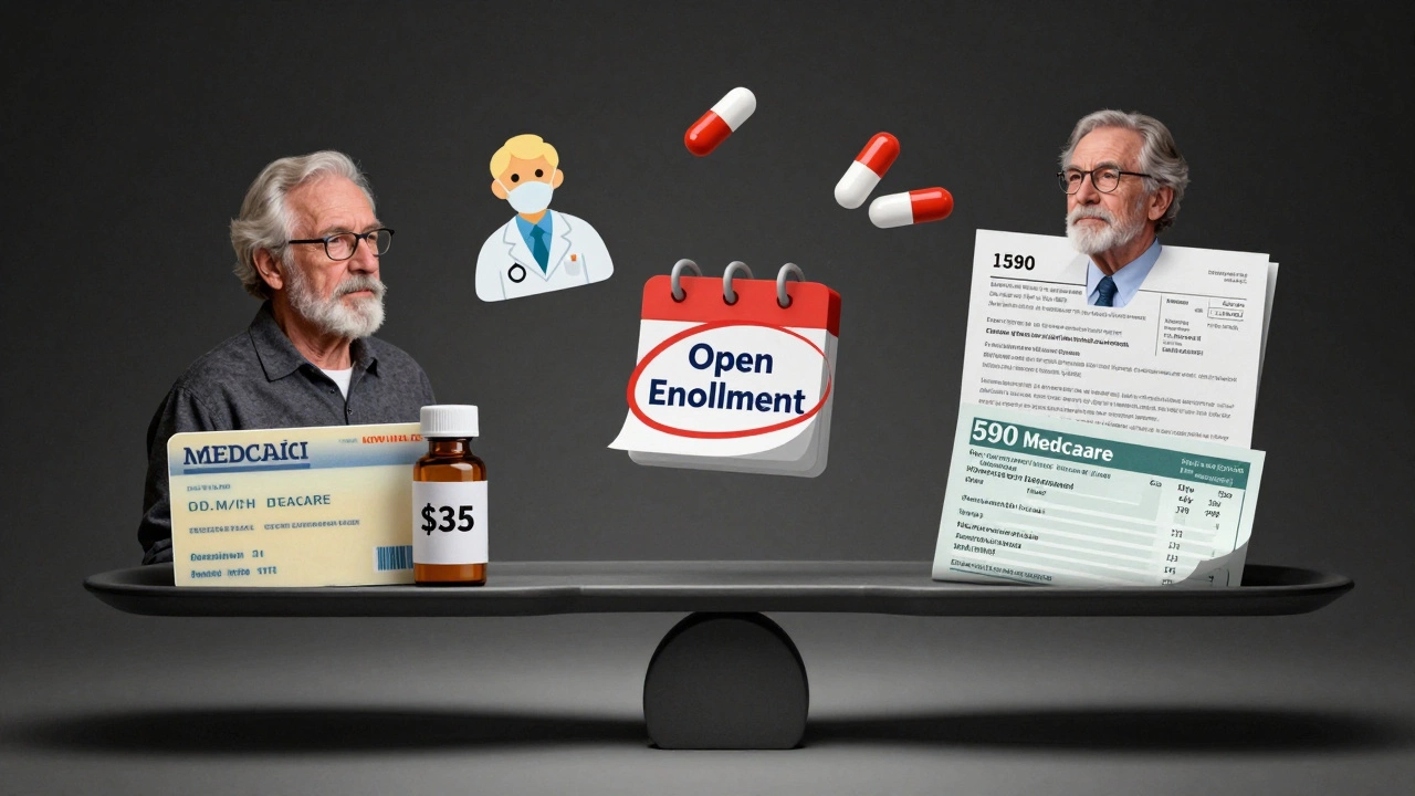 A scale balancing a low-income senior with insulin and a wealthy retiree with high Medicare bill.