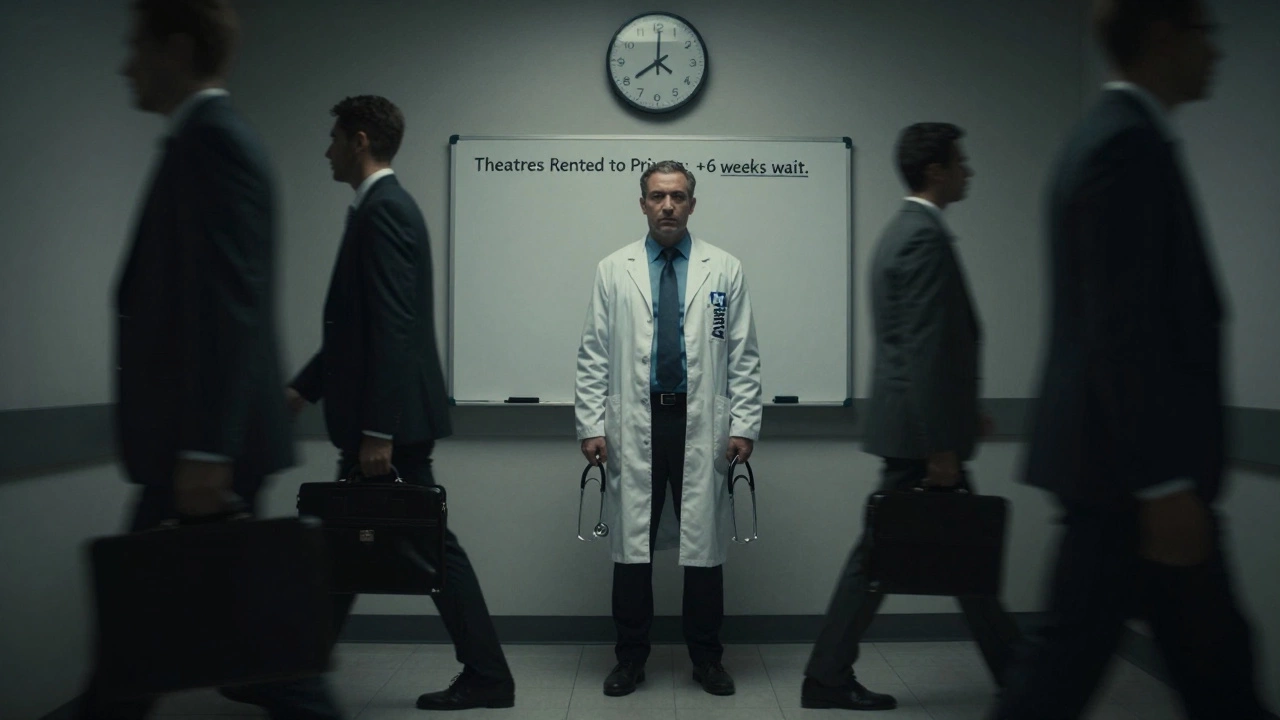 An NHS consultant holding two stethoscopes as shadowy figures walk away, with a clock and whiteboard showing increased waits.