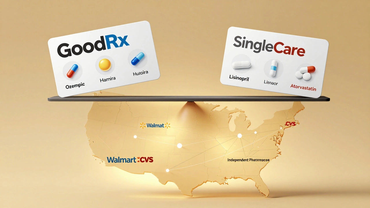 Balanced scale comparing GoodRx and SingleCare cards with brand and generic drug icons above a U.S. map.