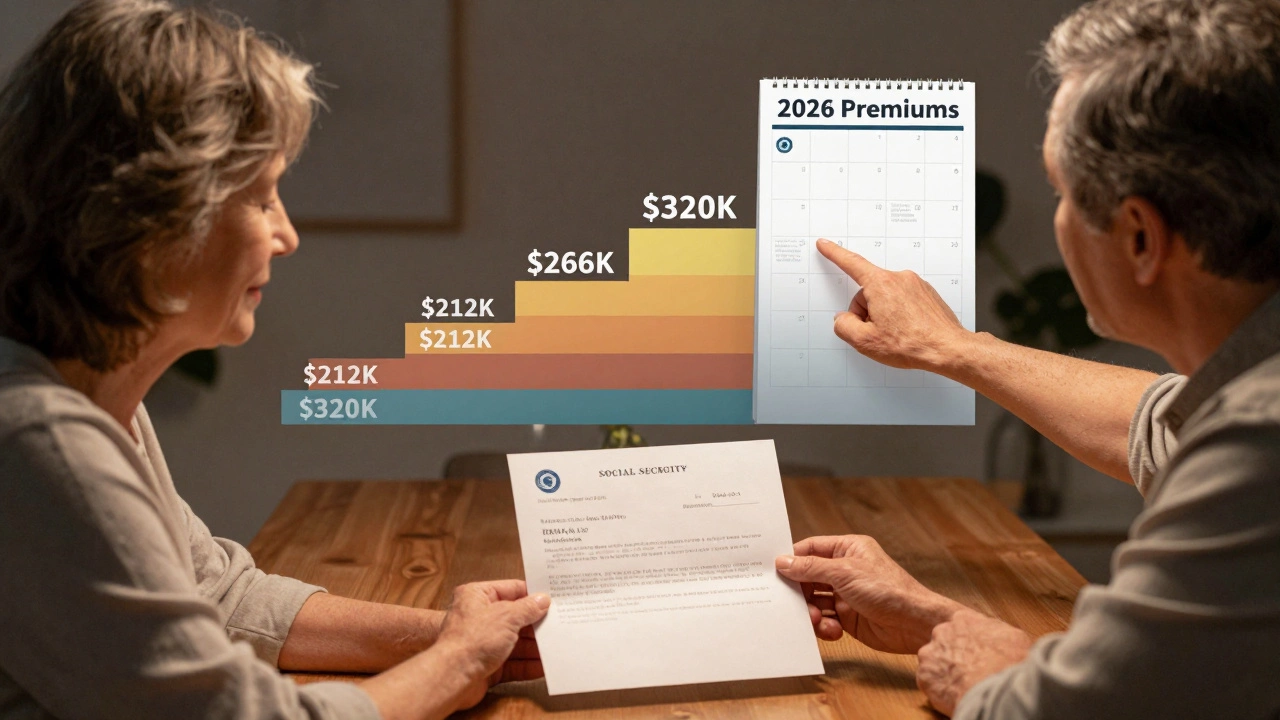 Couple examining IRMAA income brackets on a calendar with rising premium levels