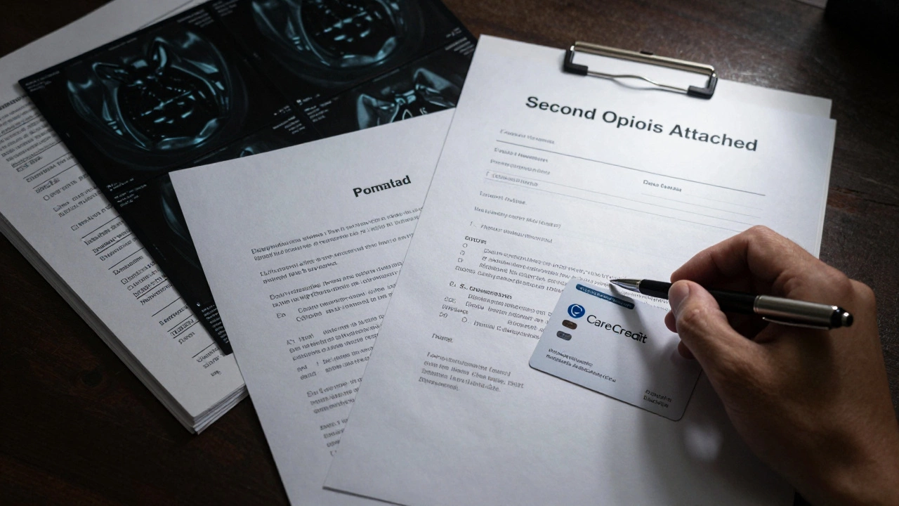 Denial letter next to medical records and appeal letter with health savings card and financing form.