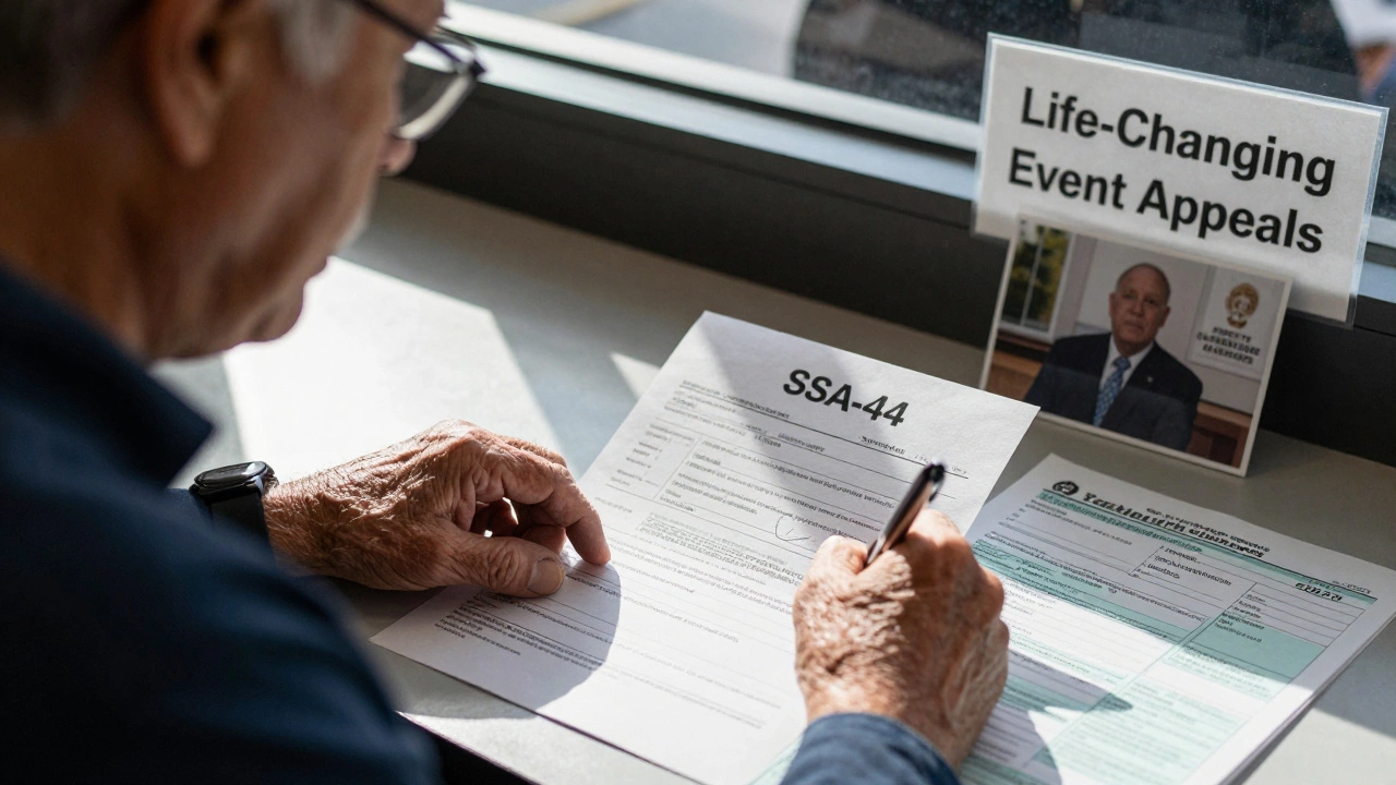 Elderly man submitting appeal form for lowered Medicare premiums at social services office