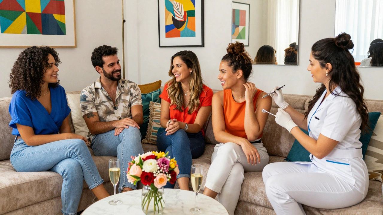 Friends enjoying Botox together in a stylish São Paulo apartment, laughing and relaxed.