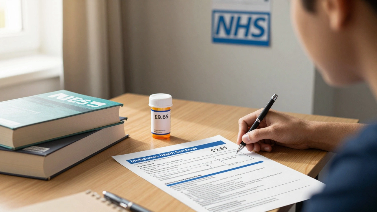 International student in dorm room with NHS surcharge receipt and prescription bottle.
