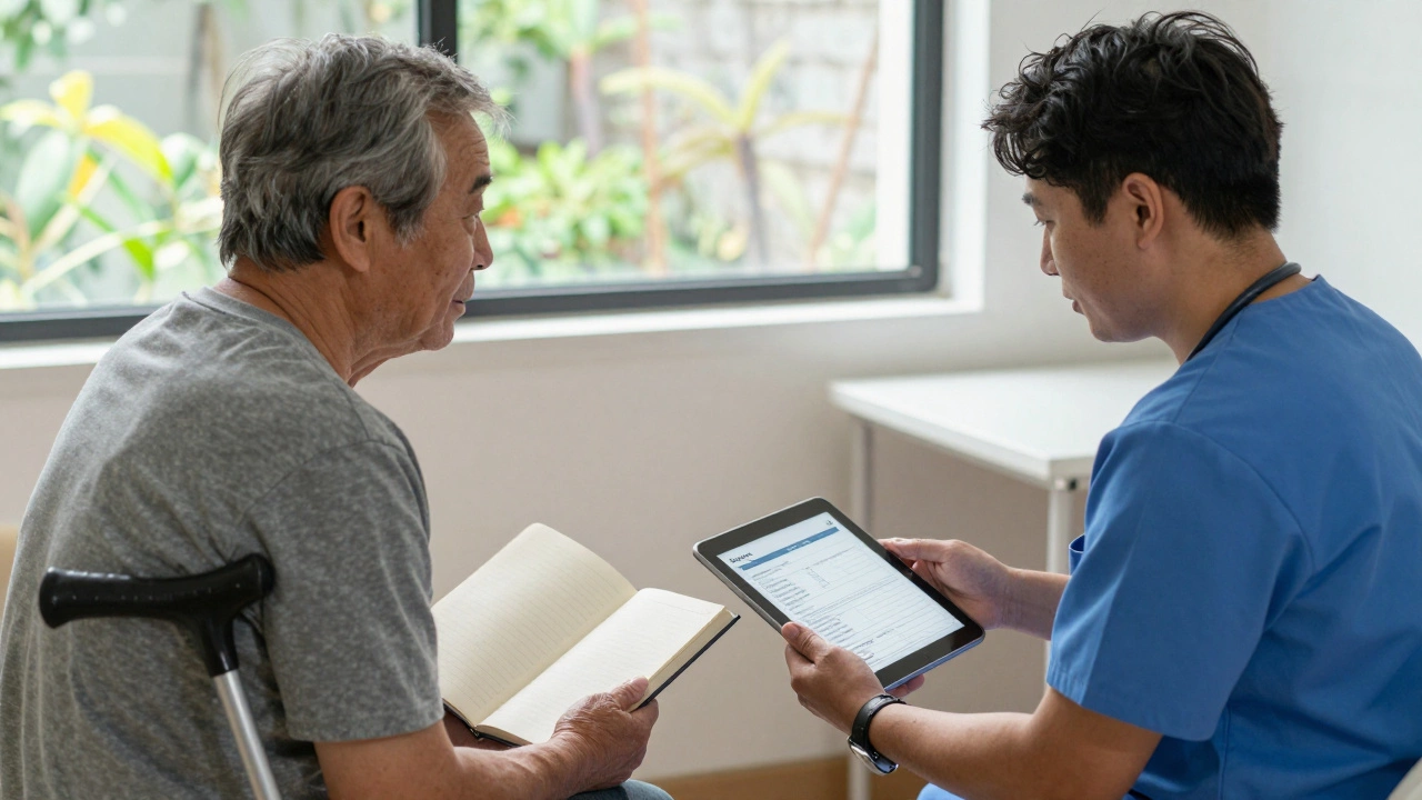 Pain specialist and patient in quiet conversation during a clinic consultation.