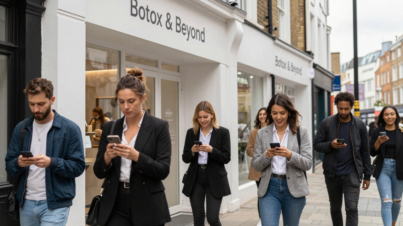 Professionals exiting a London medspa, checking reflections, symbolizing post-pandemic cosmetic trends.