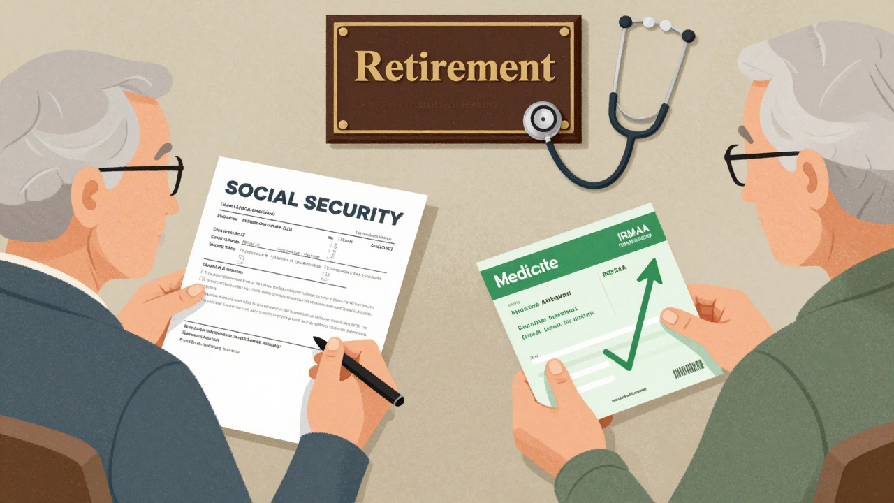 Split illustration showing Medicare premium deduction vs. direct billing due to higher income.