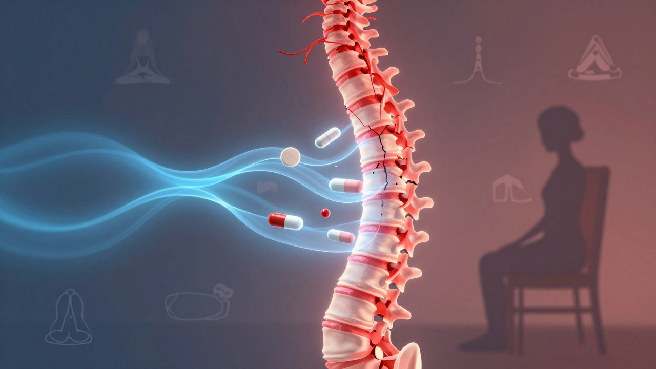 Surreal spine with nerve signals calming into waves as medications dissolve around it.