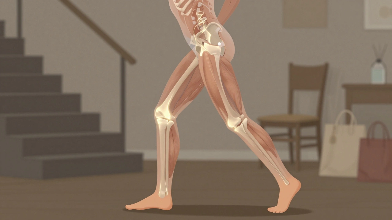 Translucent biomechanical diagram overlay on a human body showing how hip, glute, and calf tightness cause back and knee pain.