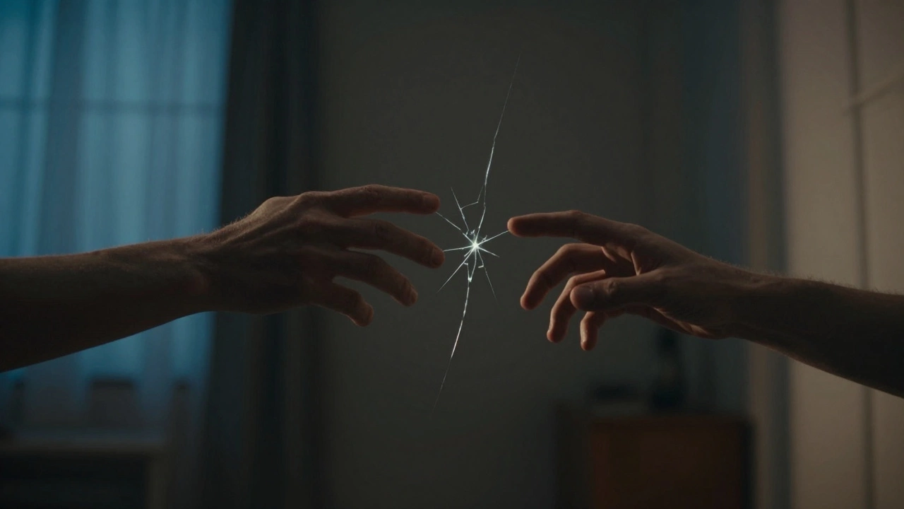 Two hands nearly touching across a dark room, separated by a glowing crack representing fear of abandonment.
