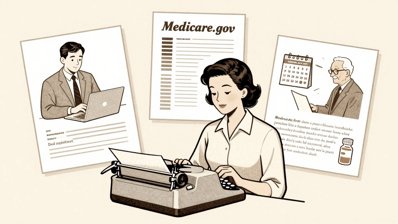 Woman at typewriter surrounded by visual scenarios of Medicare enrollment and planning.