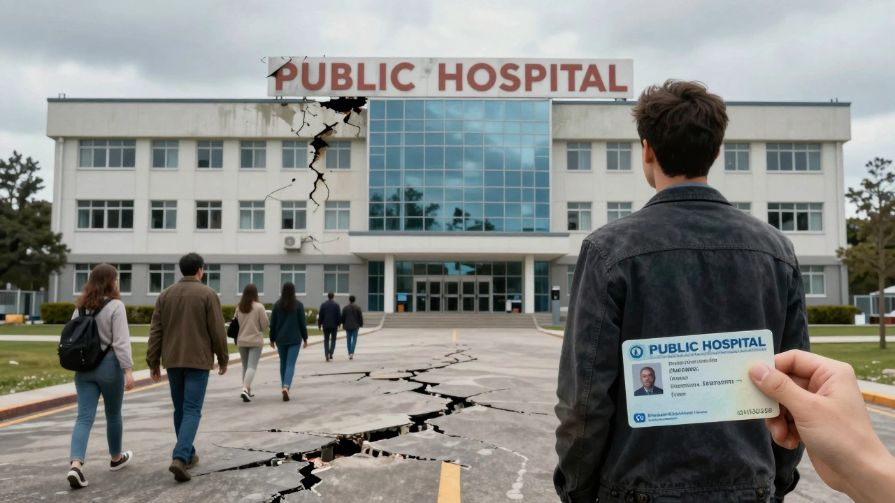 A crumbling public hospital as people leave for private care, illustrating the cycle of systemic decline.