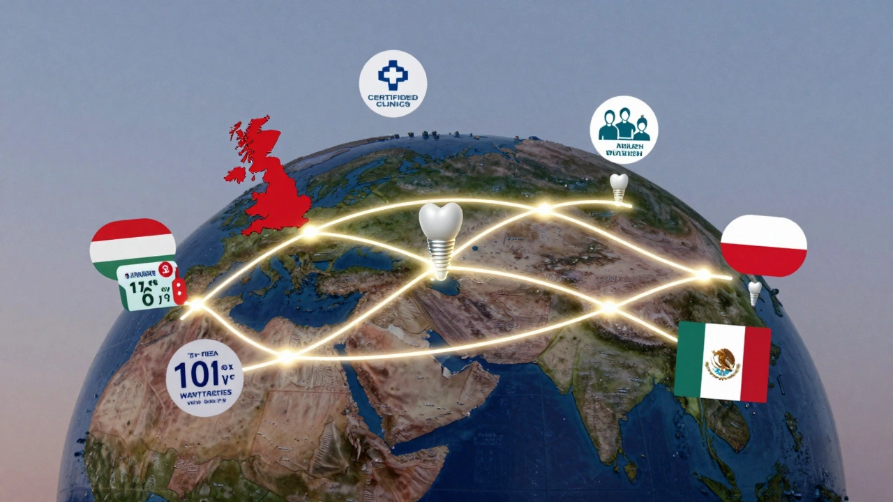 A globe with glowing travel routes from the UK to top dental implant destinations, highlighting cost savings and clinic certifications.