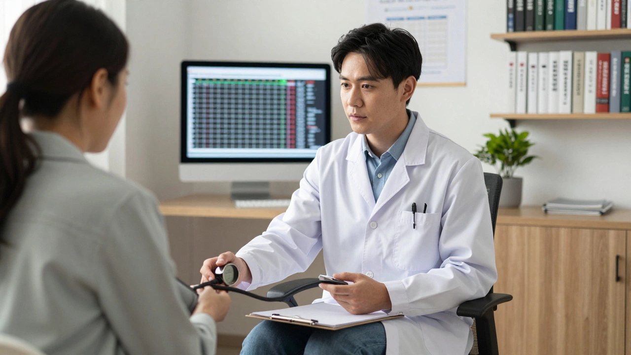 A GP listening attentively to a patient during a consultation in a cozy exam room.