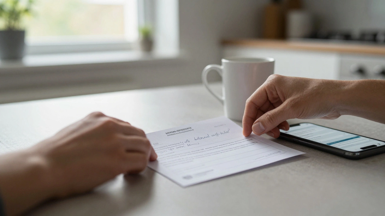 A handwritten medical certificate placed on a kitchen table with morning light.