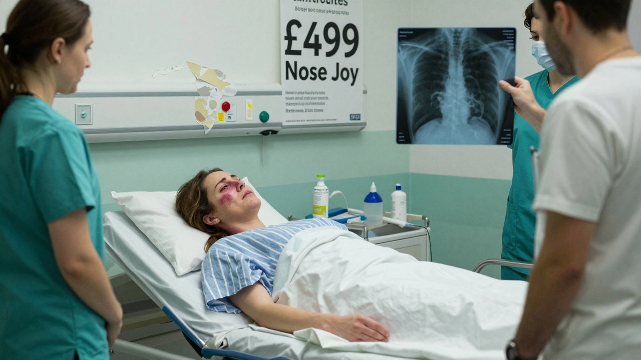 A patient in a hospital bed with a nasal injury from a botched filler, an Instagram ad peeling off the wall behind her.