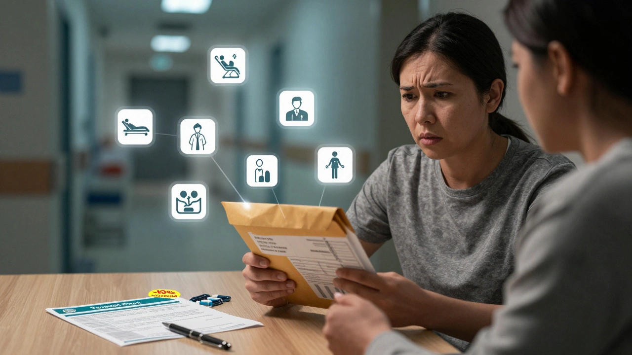 A person examining medical bills with floating charge icons, payment plan flyer, and cash discount sticker on table.